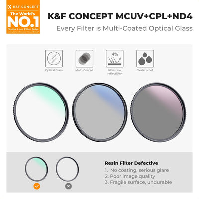 Kit filtro UV CPL ND4 3 pzas 2.638" con paño y bolsa