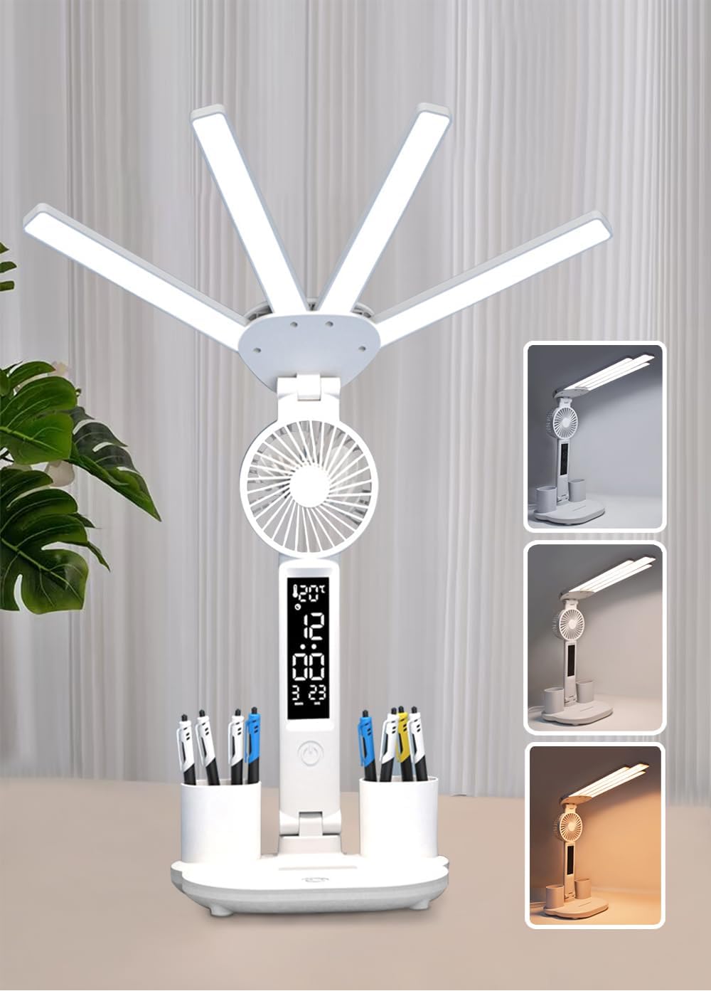 Lámpara escritorio LED 6en1 ajustable con ventilador