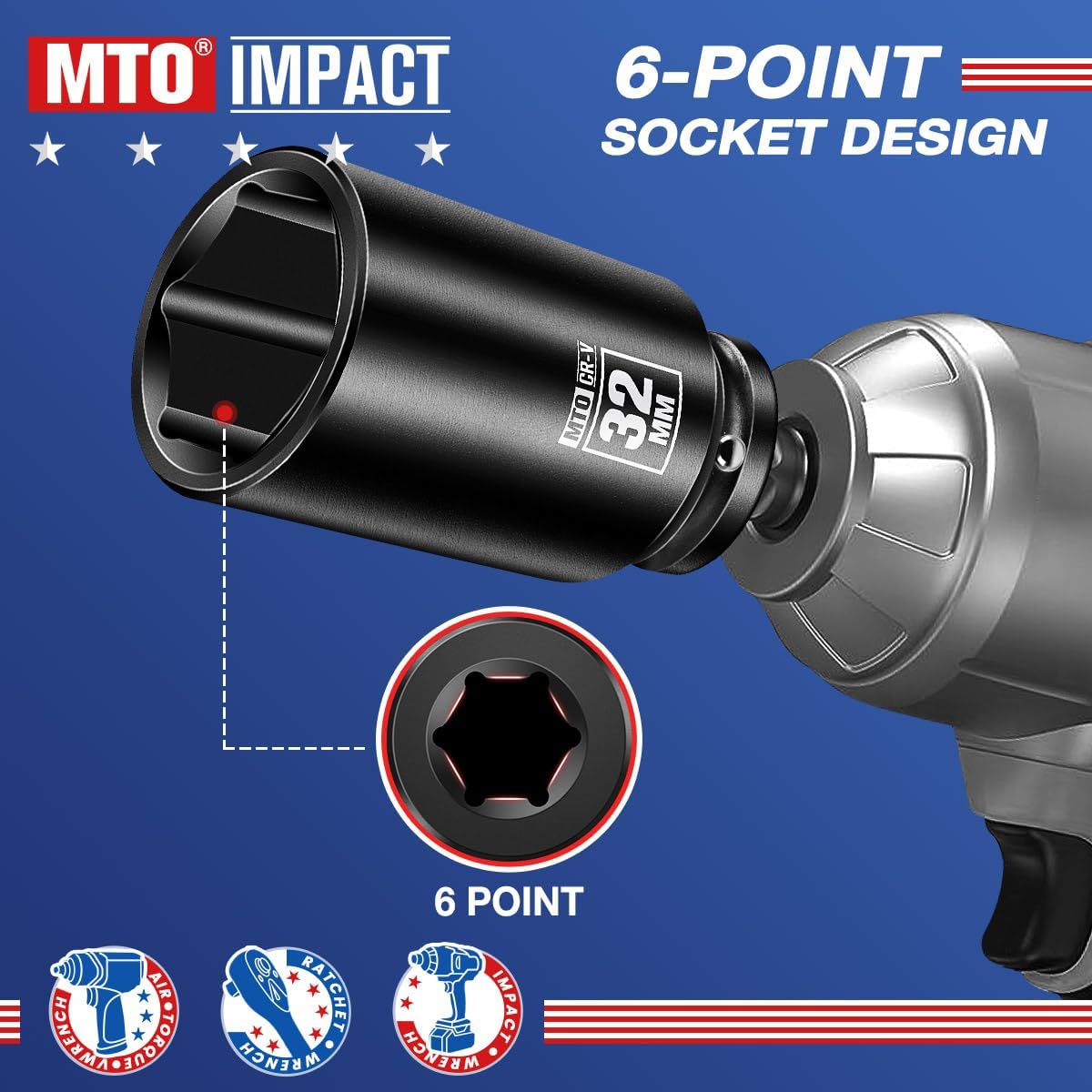 Set llaves impacto 1/2" 32mm 6 puntas acero CR-V