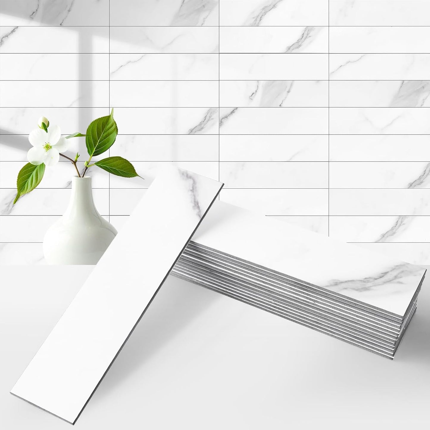 40 Pzas Azulejos PVC Blanco Mármol 2x8pulg