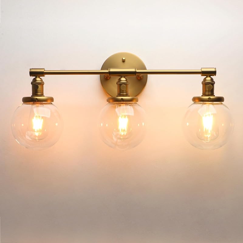 3 Luces Aplique Pared Latón Antiguo Vidrio Transparente