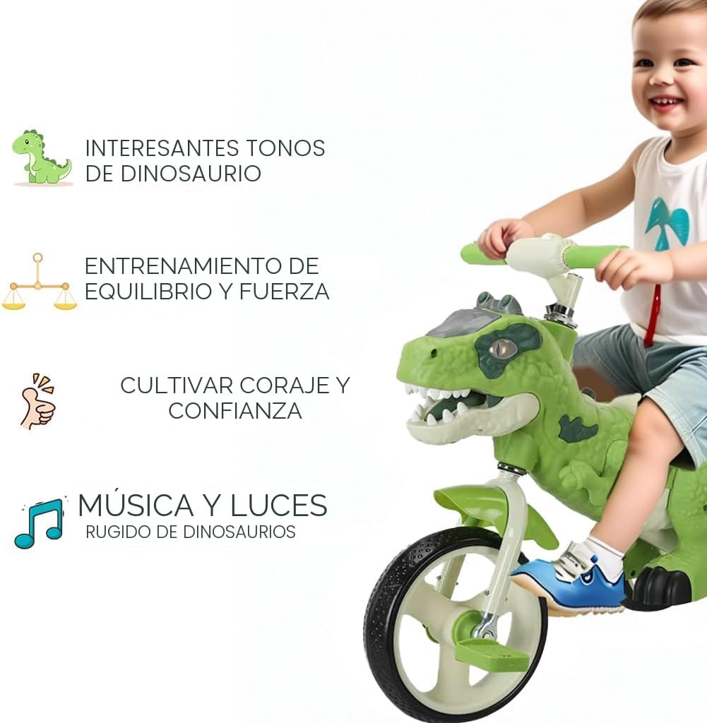 Triciclo dinosaurio para niños con luces y música