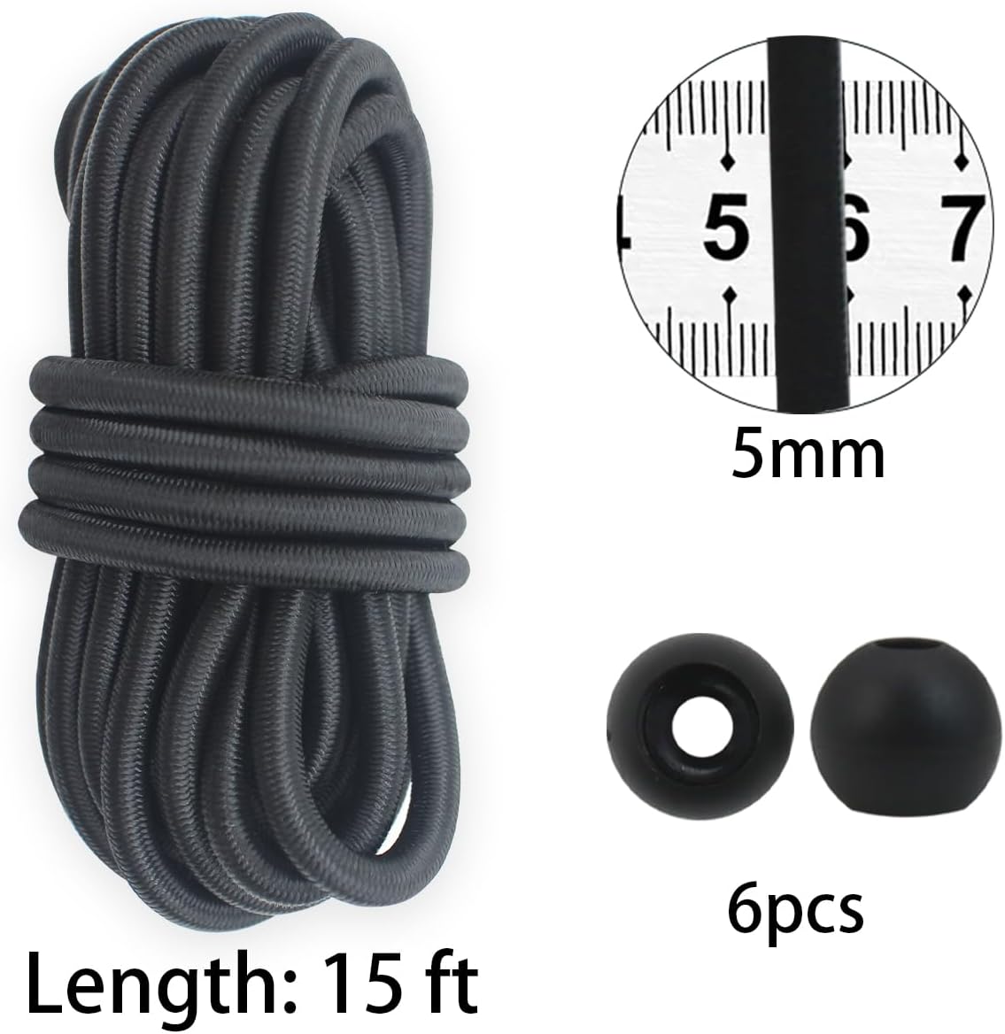 Cuerda elástica negra 1/5pulg 15ft poliéster Dacron