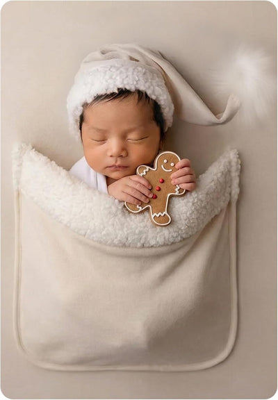 Traje foto recién nacido con sombrero Papá Noel y telón Navidad