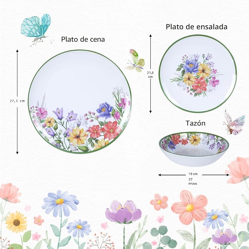 Set 12 Pzas Vajilla Melamina Floral para 4