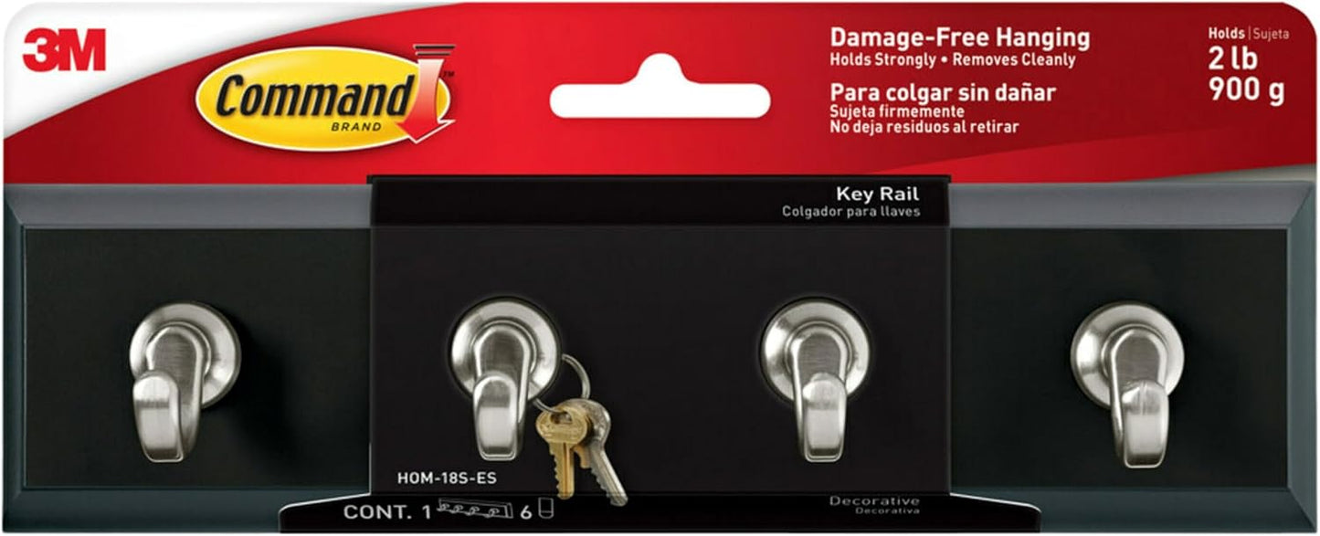 Riel decorativo llaves 8x1.5" 4 ganchos negro/plata