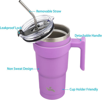 Vaso acero inox 20oz con asa 2 pajillas tapas lavanda