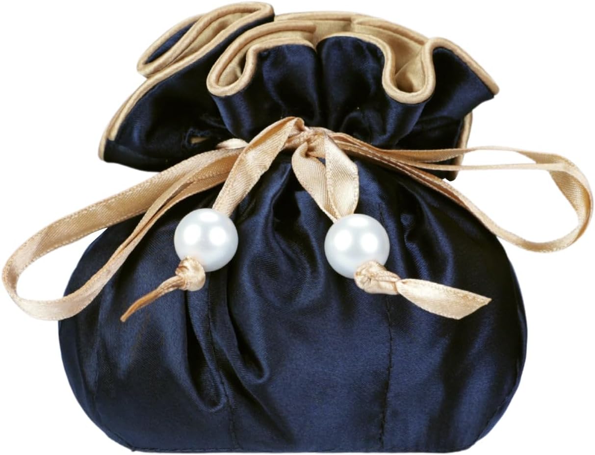 Bolsa satén con cordón joyas 8 bolsillos azul oscuro dorado