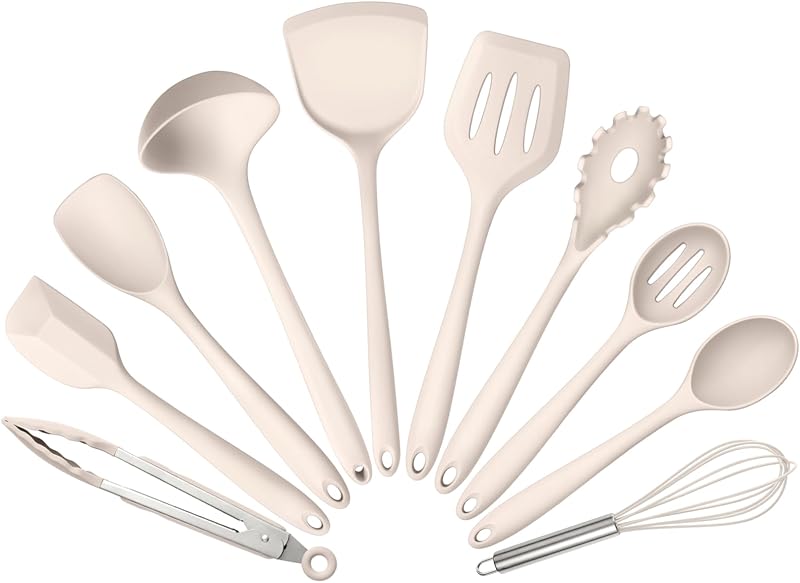 Set 10 Utensilios Silicona Cocina 446°F Espátula Giratoria Caqui