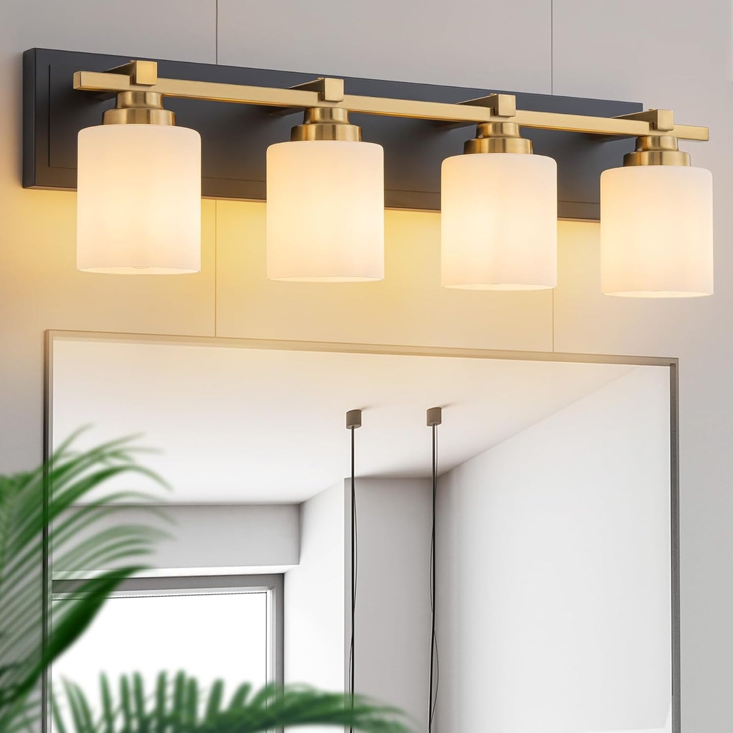 4 Luces baño modernas oro negro con soporte vidrio blanco