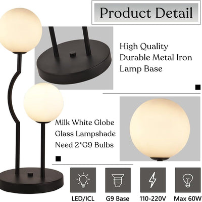 Lámpara mesa retro 2 luces globo vidrio blanco