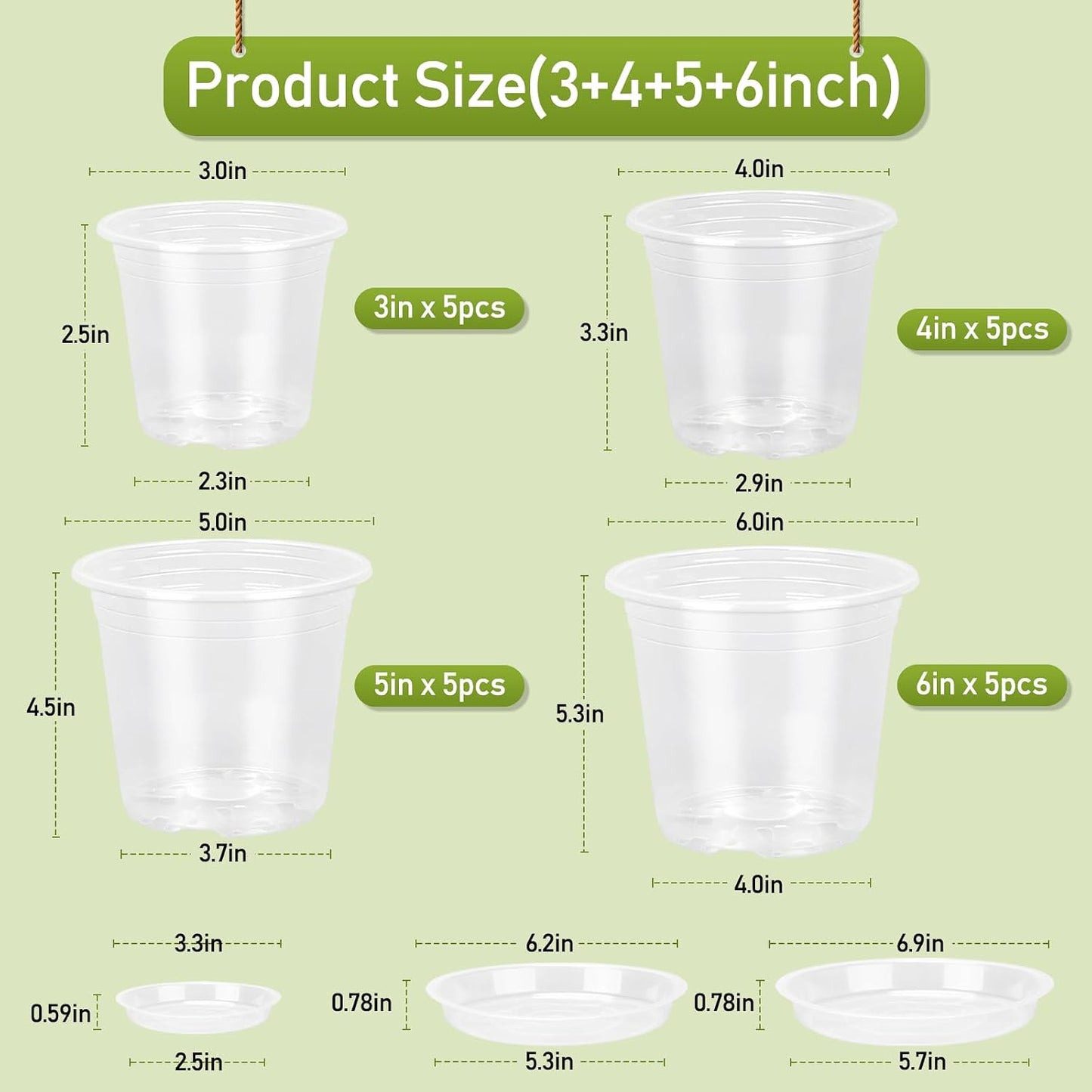 Macetas plástico transparente 3-6" con drenaje set 20