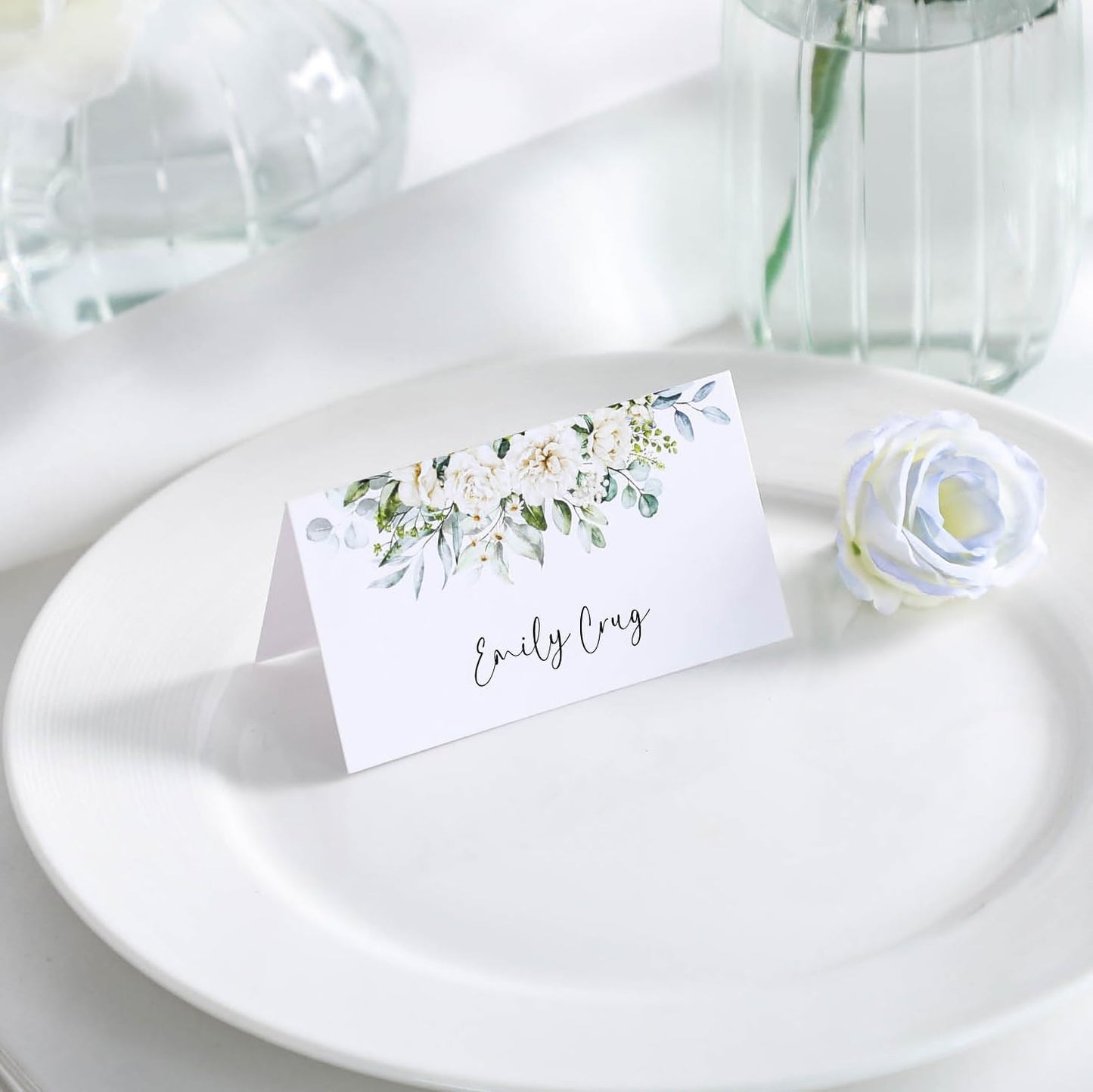 Tarjetas lugar mesa boda ducha nupcial asientos blanco floral verde