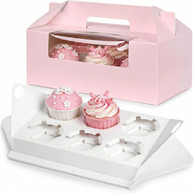 8 Set Cajas Cupcakes Rosas 9.3x6x3.5" con Ventanas