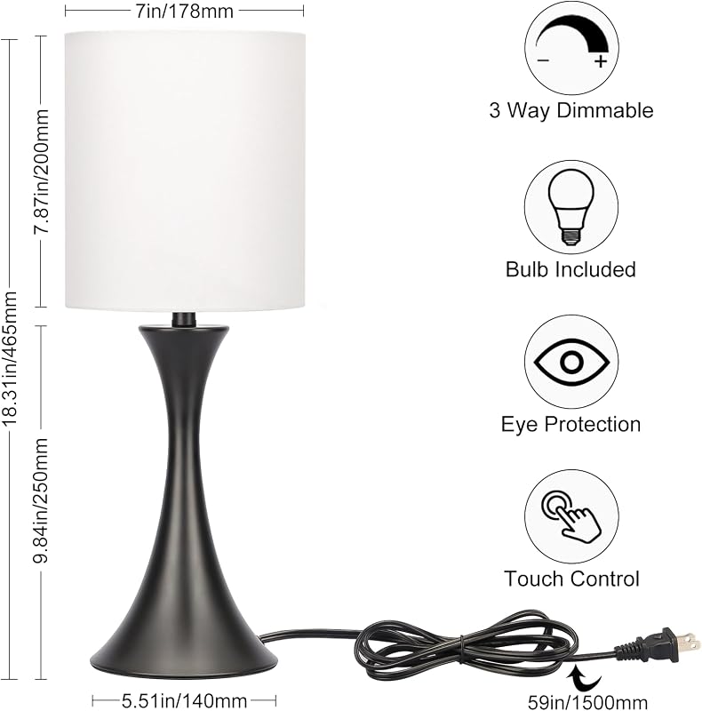 Lámpara mesa control táctil 3 niveles luz LED negra