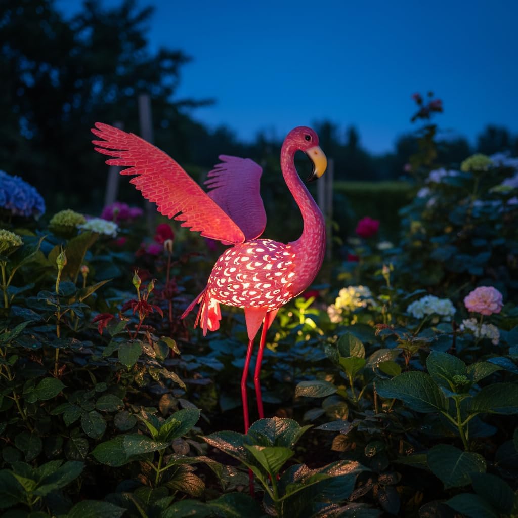Escultura flamenco metal 43pulg con luz solar patio jardín