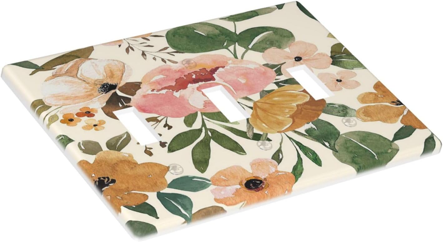 Placa interruptor luz triple bohemio floral rosa decorativa