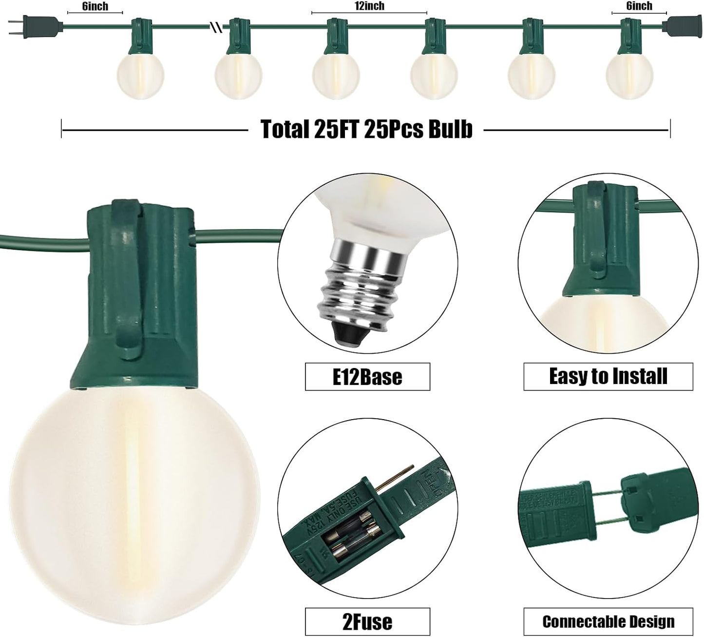 25pies Luces Cadena Blancas Esmeriladas G40 con 25 Led 2 Repuesto
