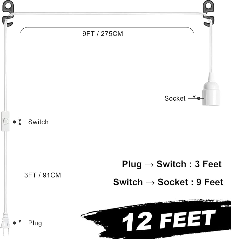 Cable luz colgante E26 con portalámparas 12ft interruptor