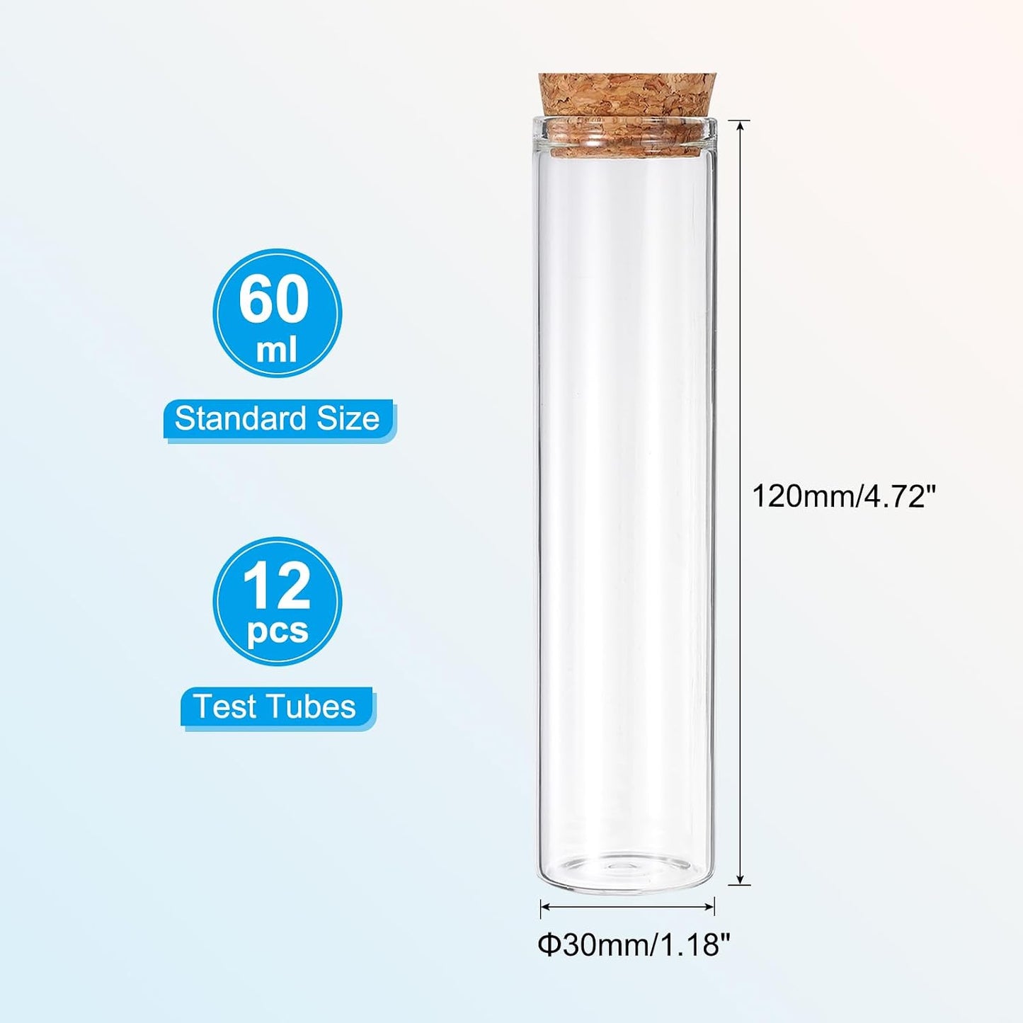 12 Pzas Tubos Ensayo Vidrio 60ml 4.72x1.18pulg Tapón Corcho