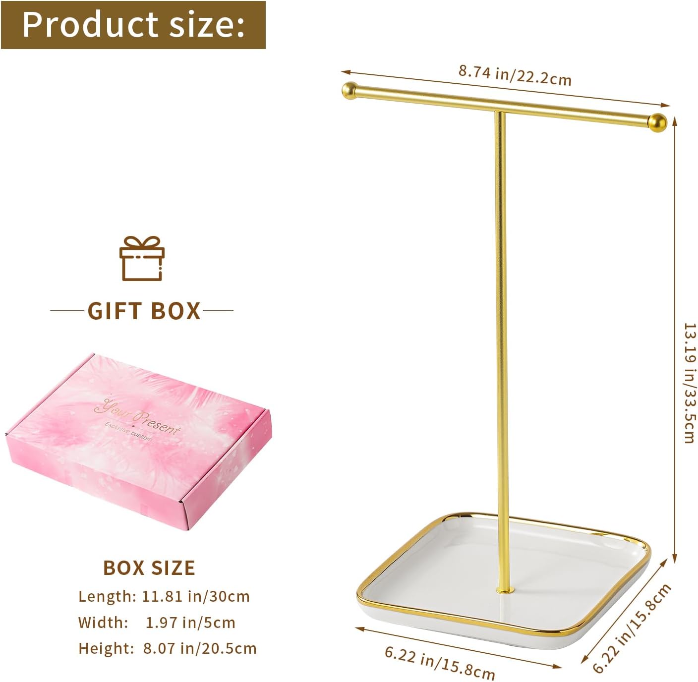 Estante joyas forma T metal dorado base cerámica