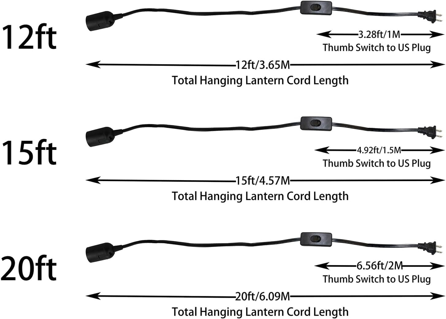 4 Cables Extensión 20ft E26 con Interruptor Negro