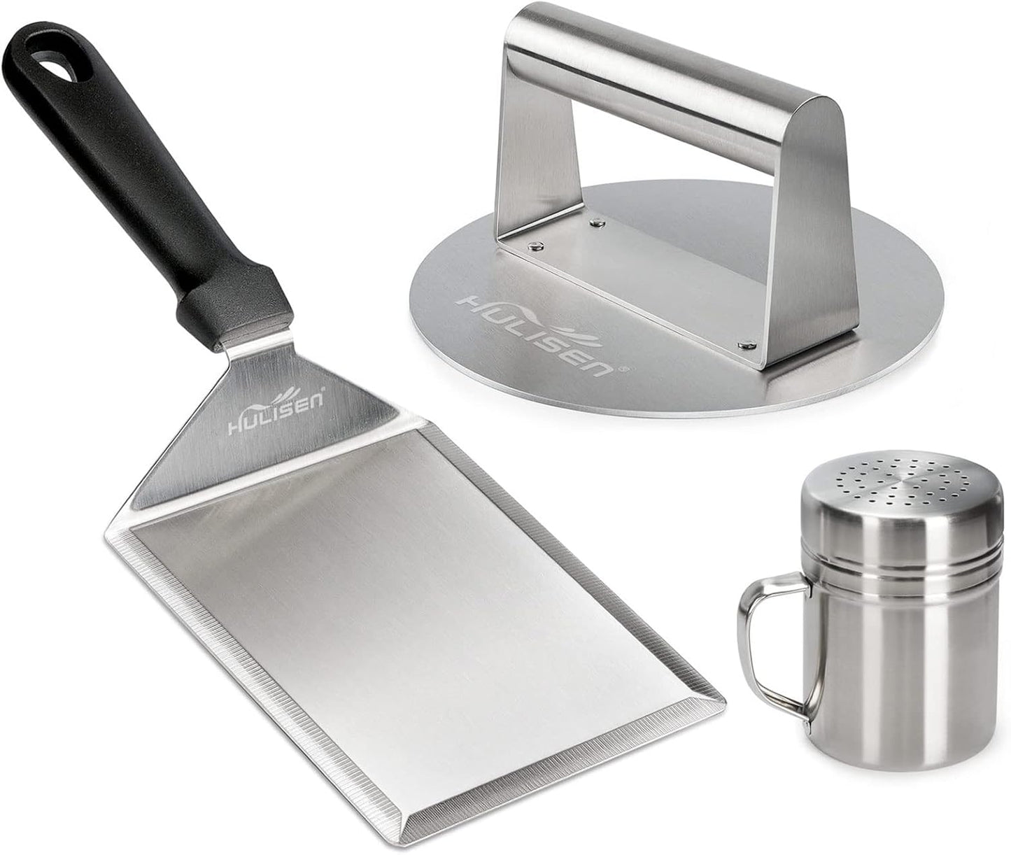 Kit prensa hamburguesas acero inox espátula y espolvoreador