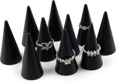 10 Soportes Anillos Madera Forma Cono Joyería Vertical Negro