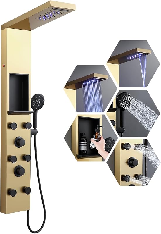 Torre ducha LED con estante y chorros ajustables acero inox