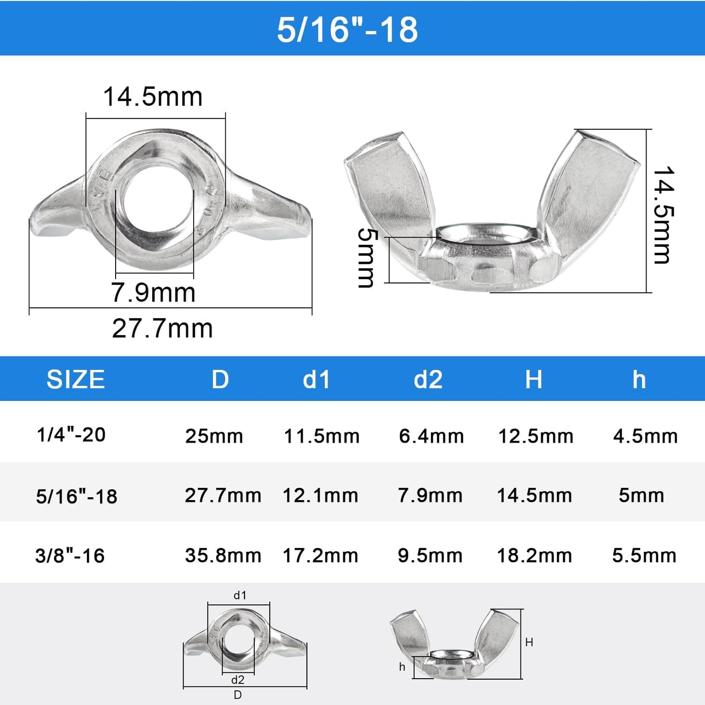 10 Tuercas Ala 5/16pulg Acero Inox 304