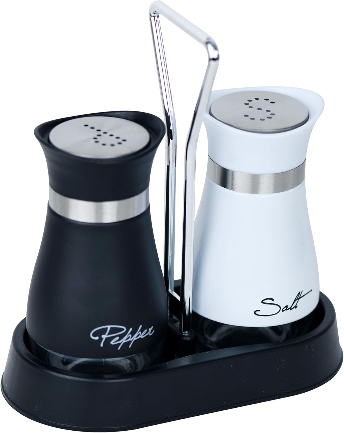 Set 2 Saleros Pimenteros Acero Inox Vidrio Soporte Negro Blanco