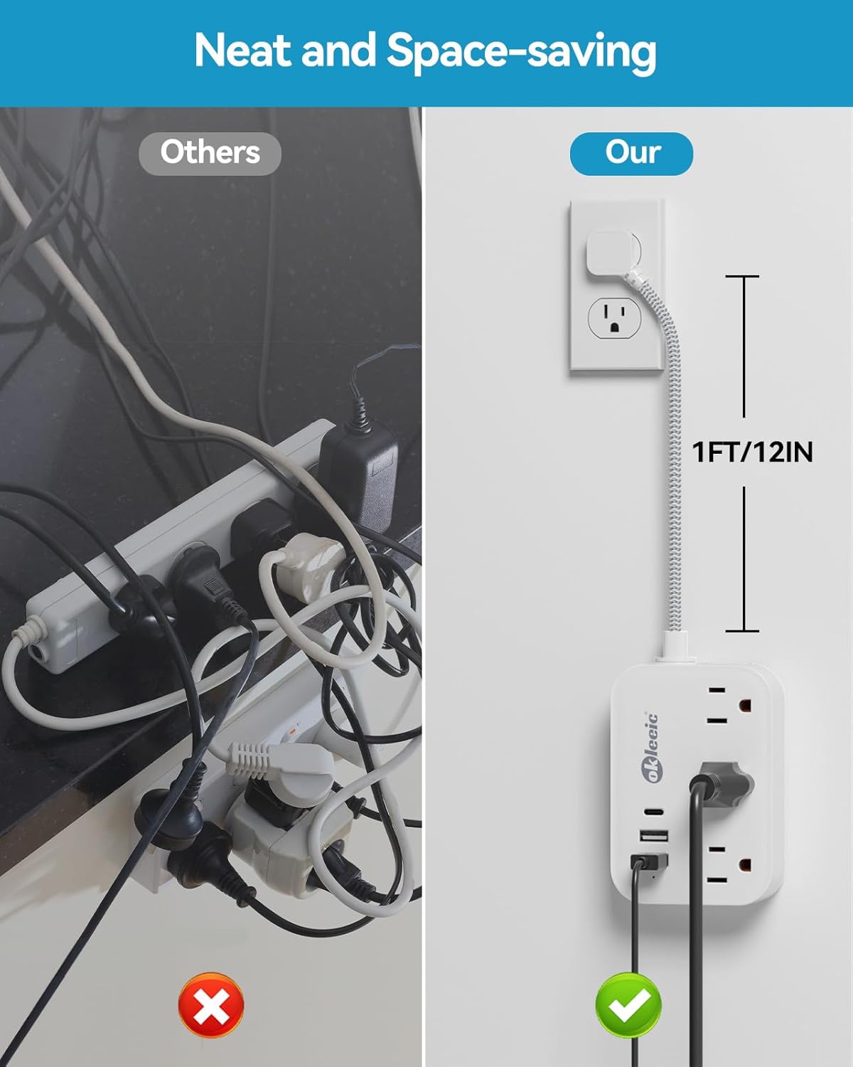 Cable extensión 1ft regleta 3 tomas USB carga color blanco