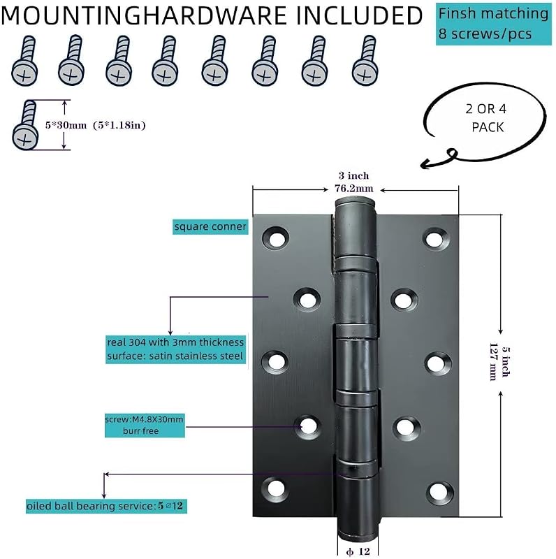 Bisagras puerta acero inox 5" negro mate resistente