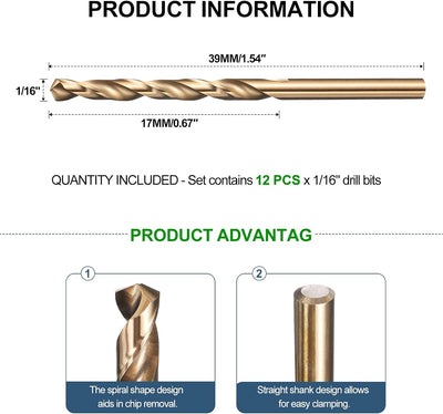 Broca 1/16" acero 4241 12uds para madera y metal