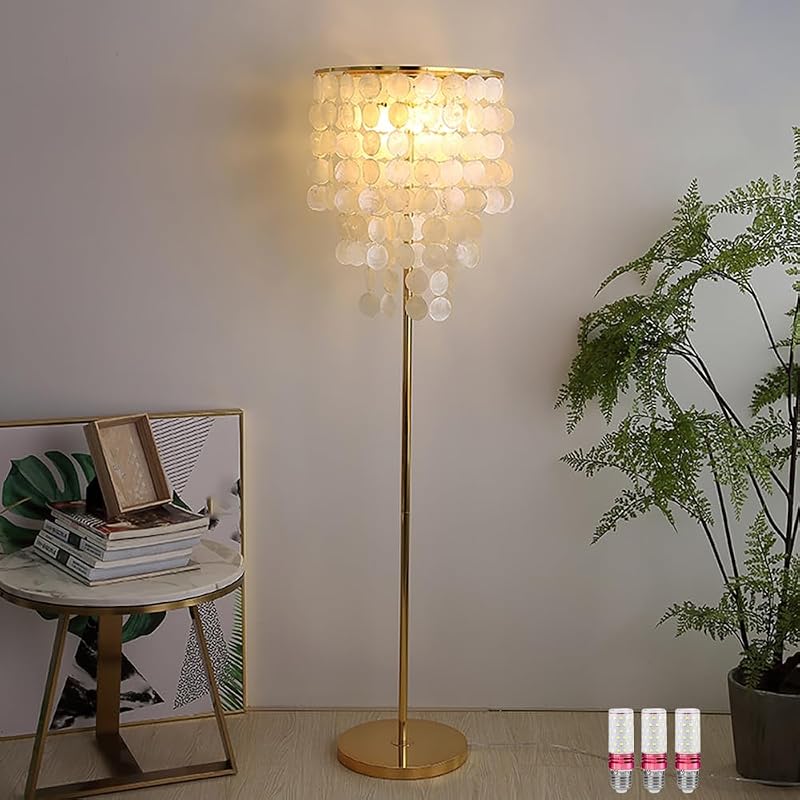 Lámpara pie concha 3 luces acabado dorado sala dormitorio