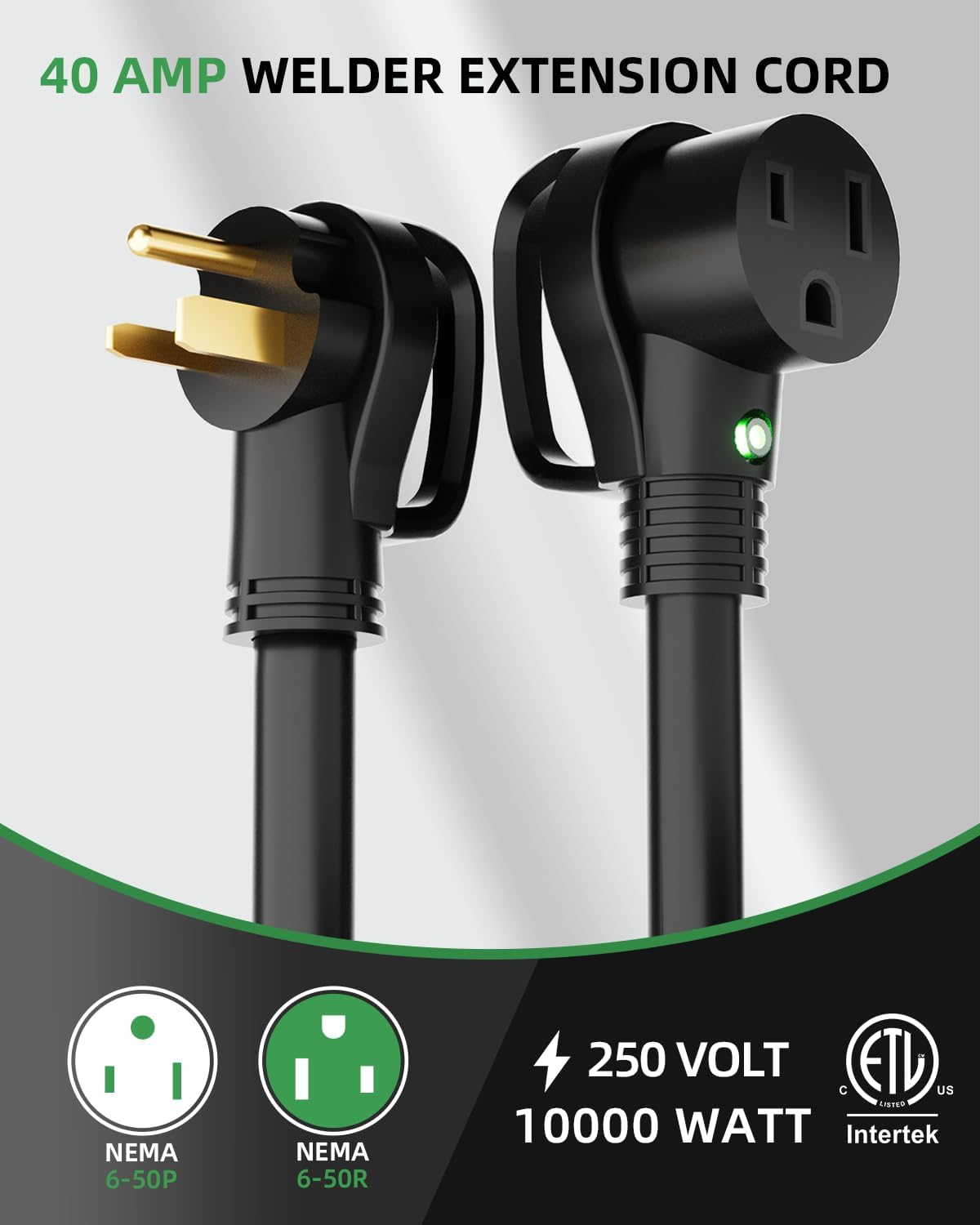 Cable extensión soldador 8 AWG 250V 50pies con luz LED y