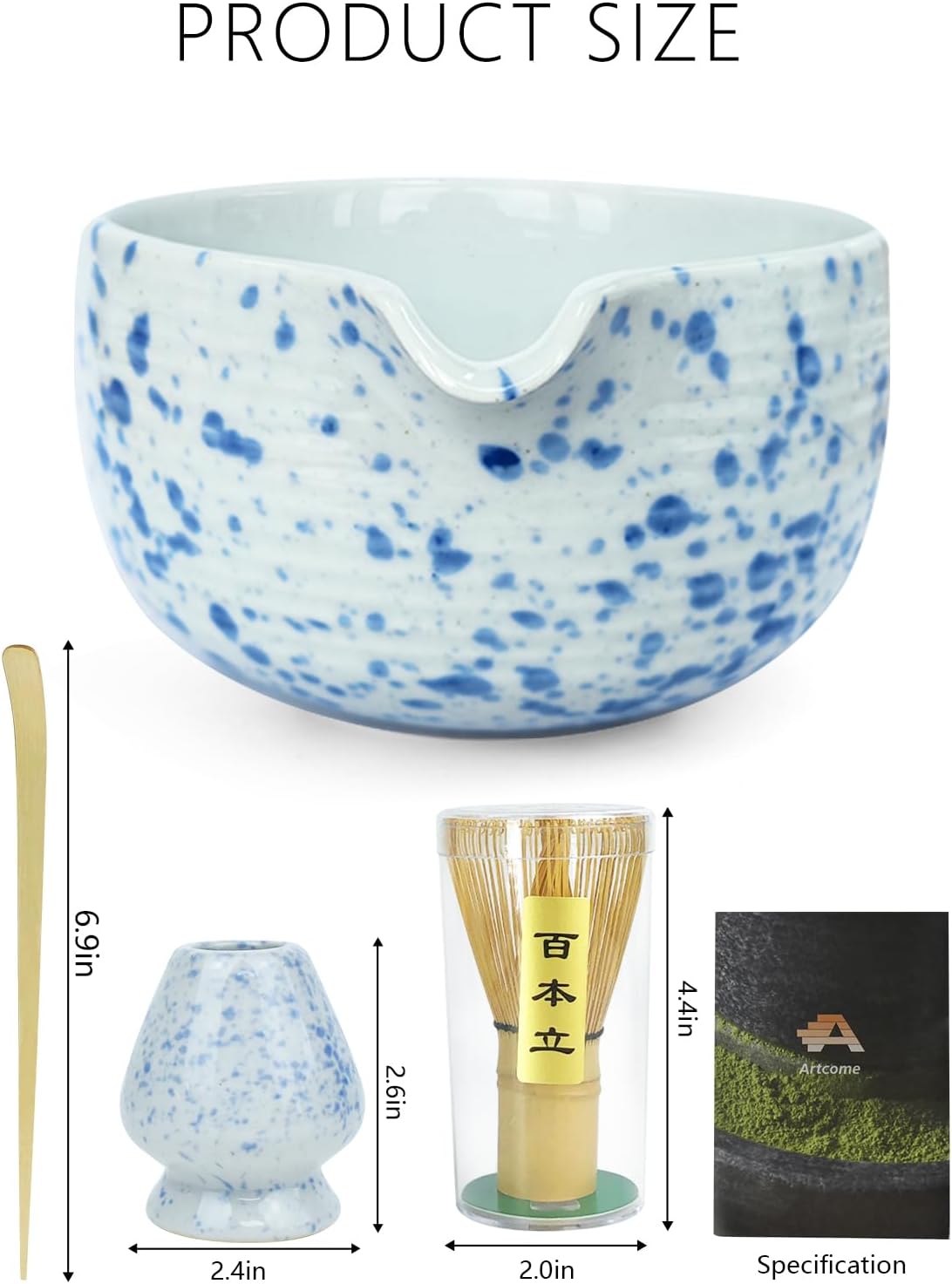 Juego té matcha cuenco cerámica pico vertedor batidor bambú