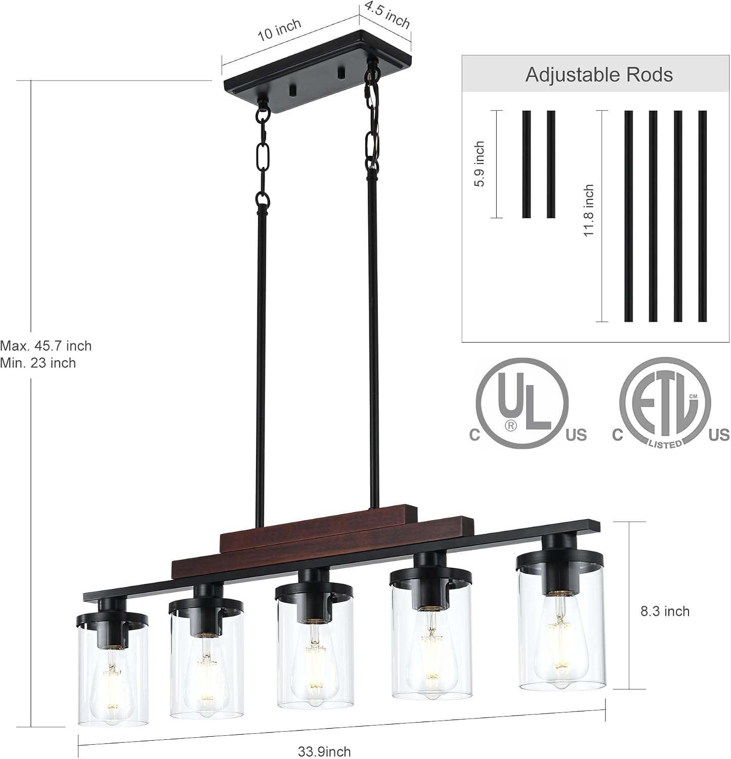 Lámpara colgante de madera estilo granja 5 luces negro mate
