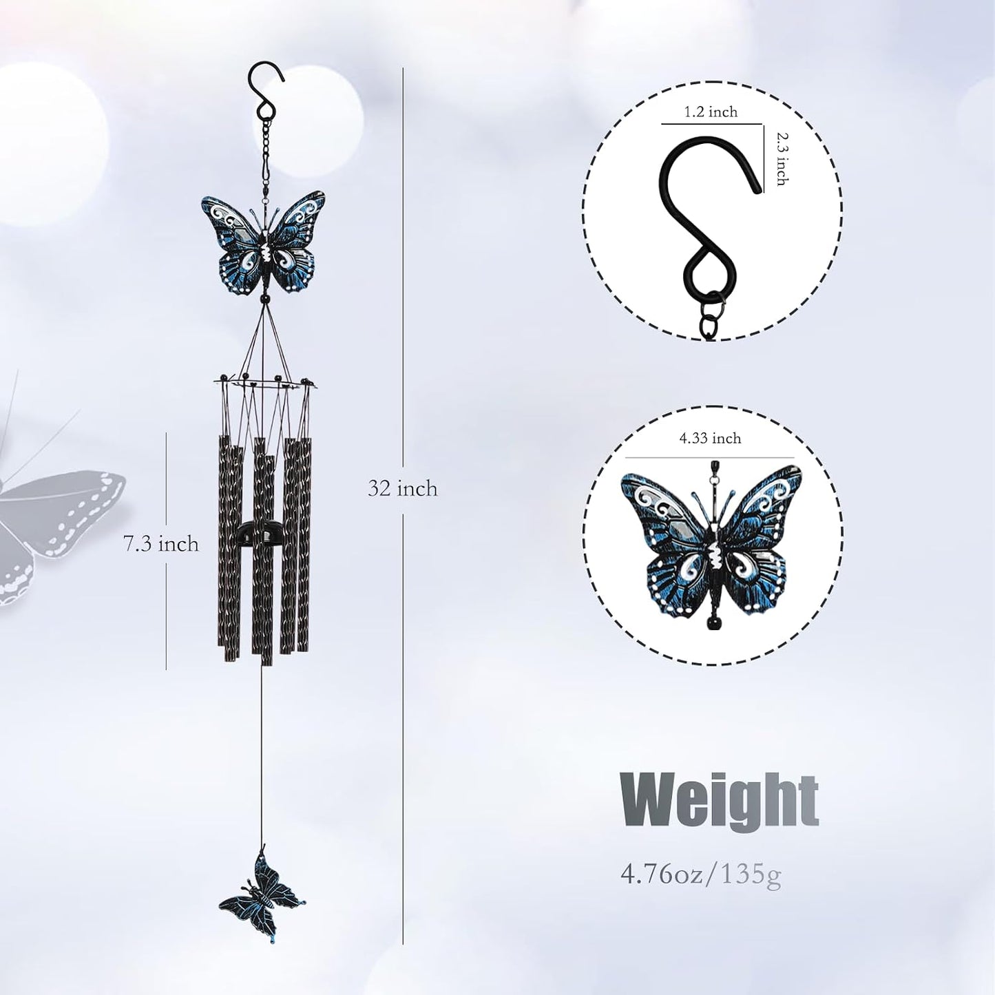 Campanilla viento mariposa 32" metal jardín decoración patio