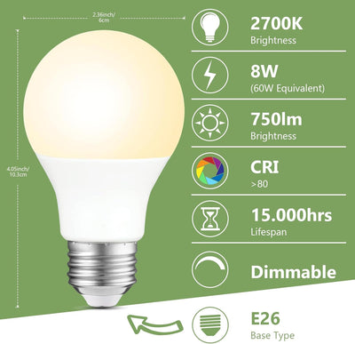 Bombillas LED A19 regulables 8W blanco suave 2700K pack 6