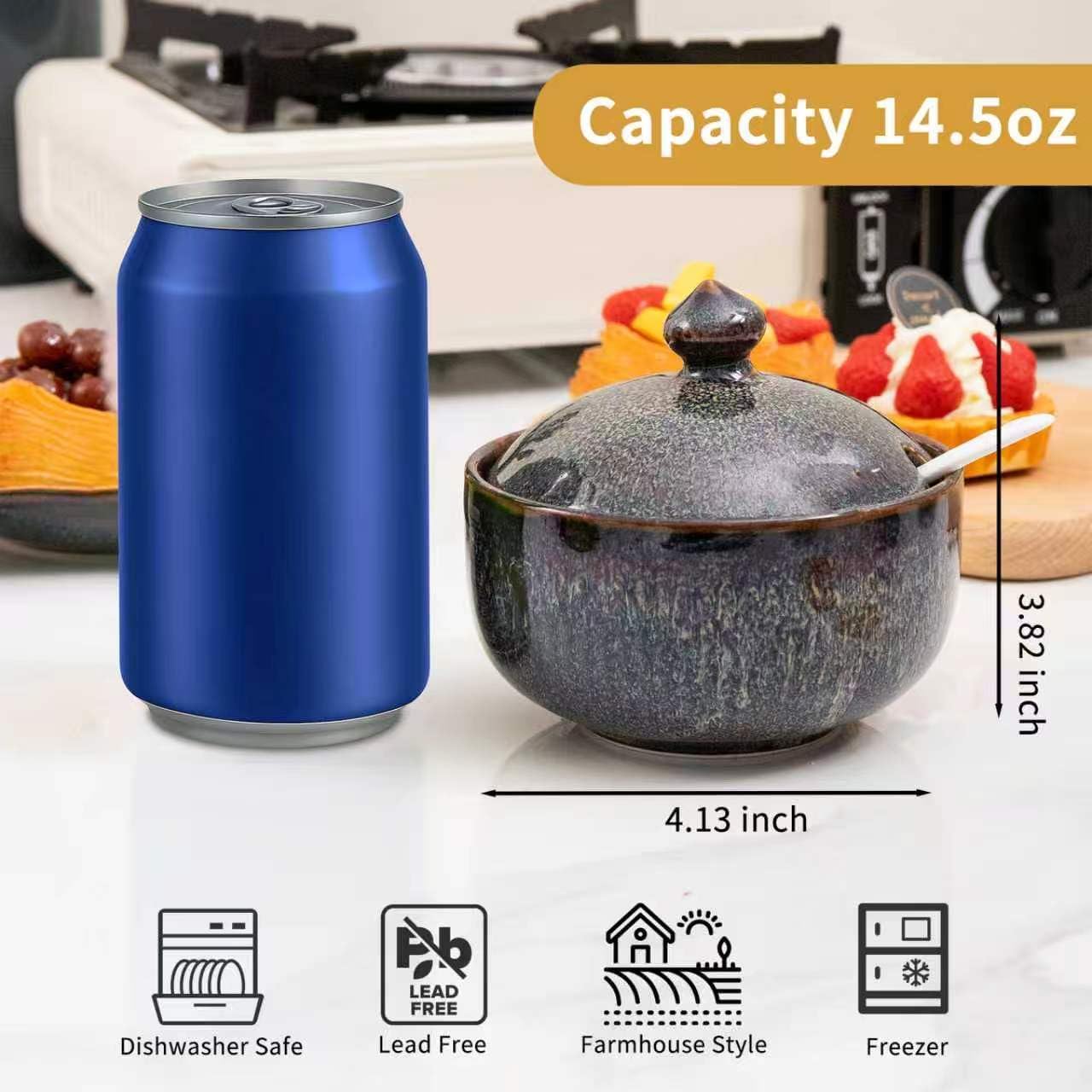 Azucarero Cerámica Tapa Cuchara 14.5oz Barra Café
