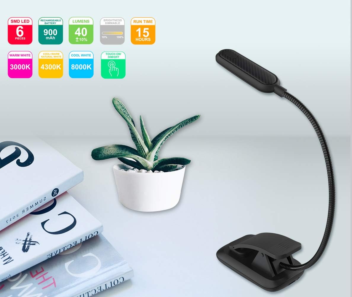 Luz lectura recargable con clip 3 modos brillo regulable para niños