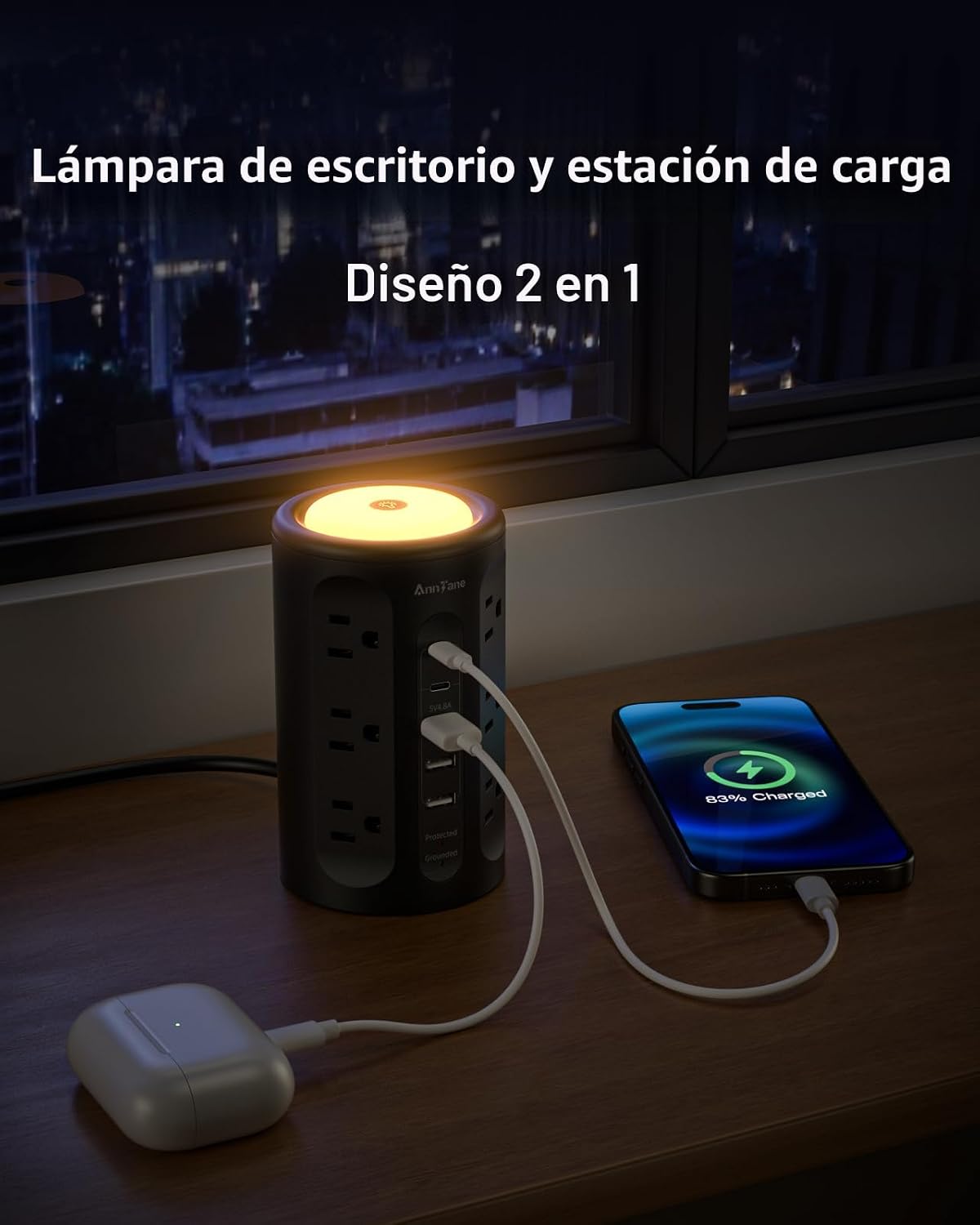 Torre alimentación con luz nocturna USB 10pies