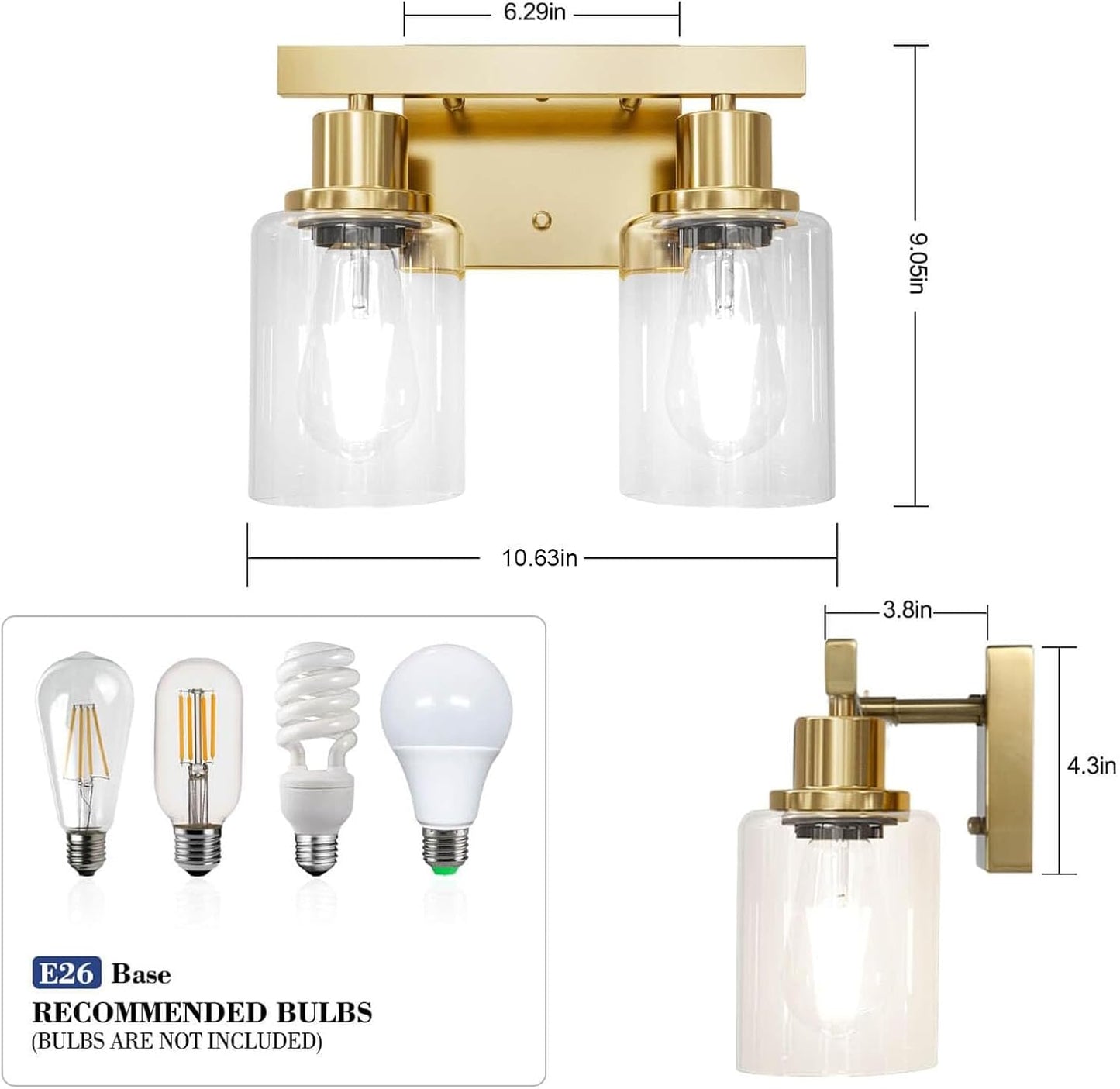Lámpara Tocador 2 Luces Oro Cepillado Vidrio Transparente