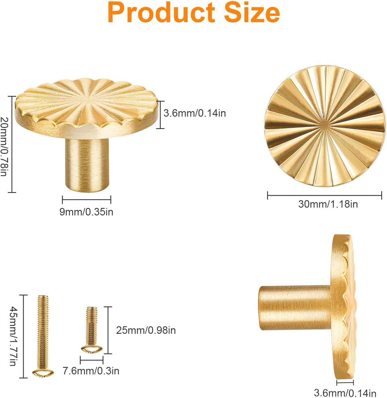 10 Pomos Dorados Latón 1.18pulg para Cajón Cocina Baño