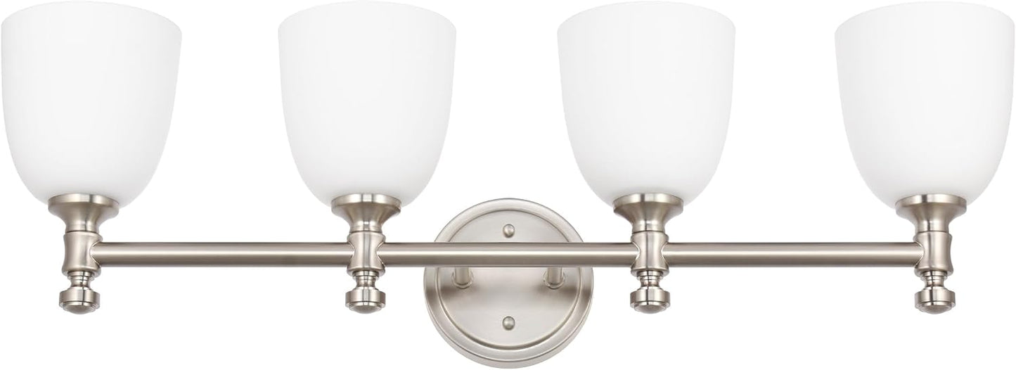 Lámpara tocador baño 4 luces vidrio blanco base E26 níquel