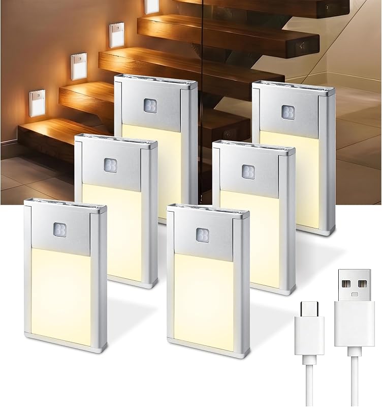 Luz nocturna sensor movimiento LED 6 Pzas plateado