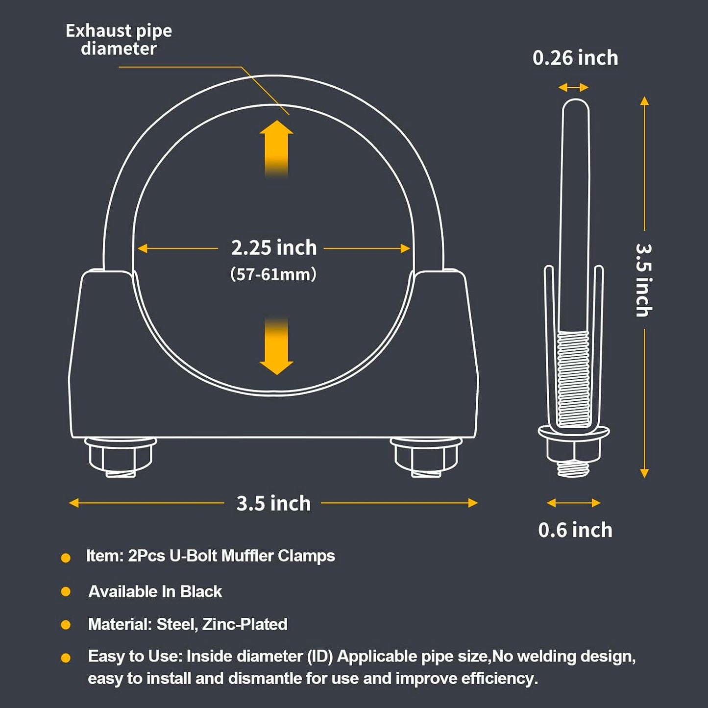 Abrazaderas U silenciador 2.25pulg negro a prueba de oxido