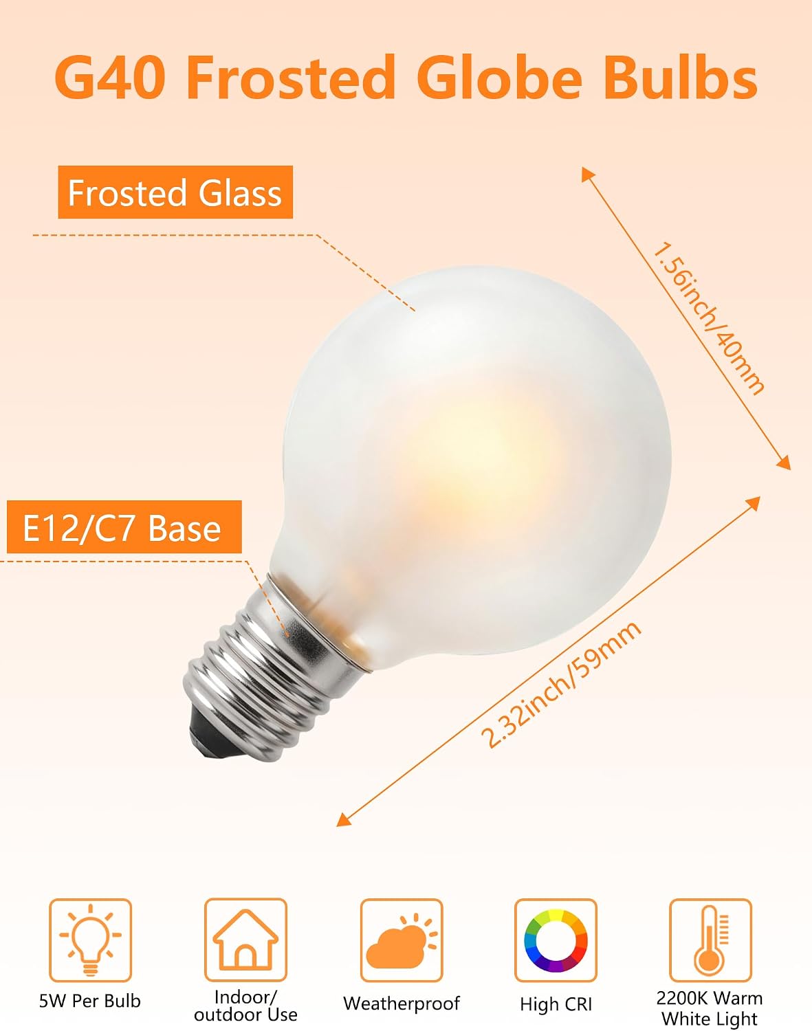 Bombillas G40 blanco esmerilado 5W base E12/C7 para candelabro