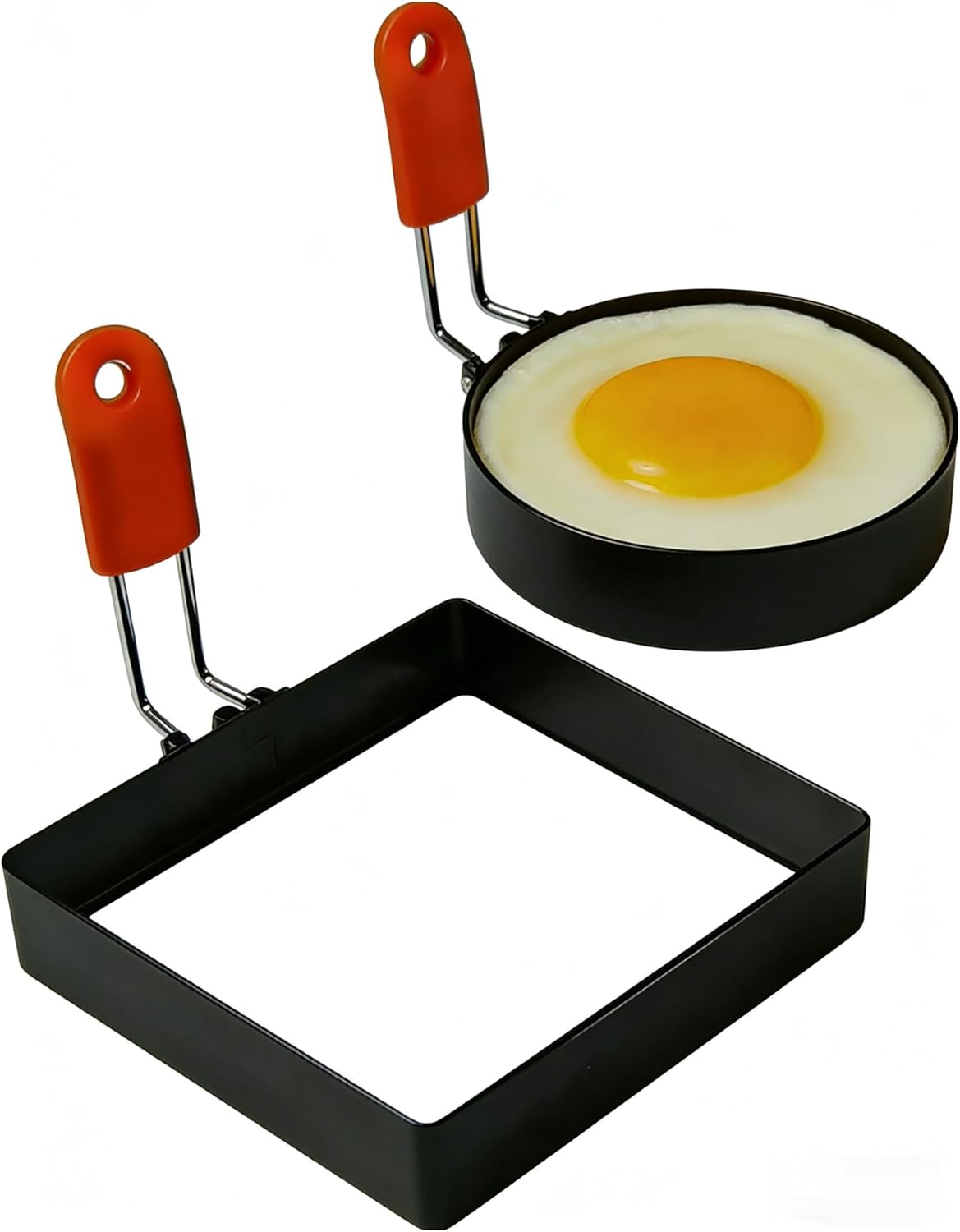Juego de 2 anillos redondos y cuadrados para huevos con mango de silicona naranja